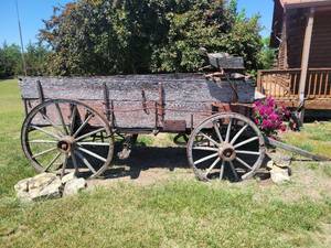 lot 20874 image: Old Wooden Farm Wagon with Spoked Wheels - Retail $800