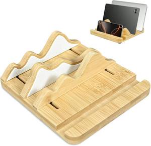 lot 7836 image: Wooden Vertical Laptop Stand, Double Stand Adjustable Laptop Holder Mountain Shape 3 Slots Desktop Dock Compatible with All MacBookSurfaceSamsungHPDell and Other Laptops