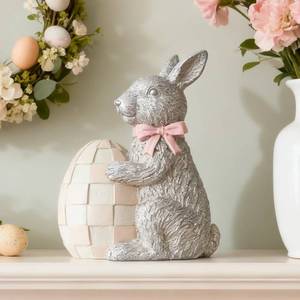 lot 7838 image: WDS WONDROUS Easter Decoration Bunny Figurine, Silver Furry Texture Rabbit with Checkered Egg & Bow, Luxury Farmhouse Spring Tabletop Centerpiece for Mantel, Shelf, Office Home Wedding Gift