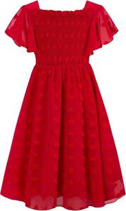 lot 7842 image: Kids4ever 6-12T Girls Chiffon Dress with Solid Pom Poms & Flutter Ruffle Short Sleeve Kids Lace Square Neck Frocks