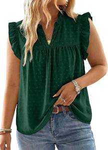 lot 7856 image: AlvaQ Womens Plus Size Summer Blouses Flowy V Neck Swiss Dot Sleeveless Ruffle Tank Top SIZE L