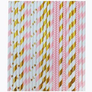 lot 8105 image: YAOSHENG 100 Pack Pink & Gold Paper Straws Disposable, 100% Biodegradable Multi-Pattern Party Straws For Birthday, Wedding and Holiday Decoration (pink gold)