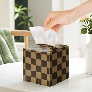 lot 8117 image: Printed Tissue Box Cover Square, Tissue Holder with Bottom Belt by, PU Leather Decorative Cube Tissue Box Holder for Bathroom, Car, Office, Home (Plaid-Brown)