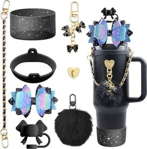 lot 8118 image: Bling Accessories for Stanley Cup 40oz & 30oz Tumbler including Silicone Cute Bow Straw Topper Cover, Silicone Boot for Stanley Cup,Leather Water Bottle Handle Strap, Charms(Black)