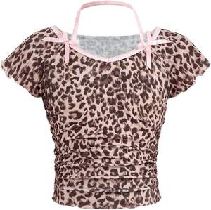 lot 8383 image: RoseSeek Girls Leopard Print Bow T Shirt Halter Short Sleeve Fitted Ruched Y2K Tee Tops Size 10 Years
