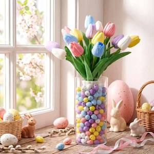 lot 8422 image: Suncalla 115 Pcs Easter Table Centerpieces with 15 Colorful Artificial Tulip and 100 Pastel Lightweight Multicolor Eggs Vase Filler Easter Table Decors for Spring Home Centerpiece Decor