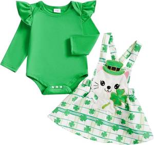 lot 8444 image: Newborn Baby Girl Valentines Outfit Long Sleeve Romper Easter Bodysuit Suspender Skirt Cute St Patricks Day Outfit Size 6-9 Months