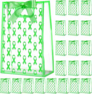 lot 8475 image: Sweetude 20 Pieces Mental Health Awareness Gift Bags Bulk with Die Cut Handles Green Ribbon Clear Plastic Bags Mental Health Awareness Items Bag for Treat Goodies Events Party, 7 x 10 x 3.15 Inch