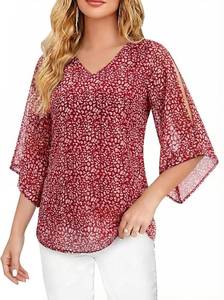 lot 8516 image: Blouse for Women Dressy Casual Summer Chiffon 34 Sleeve Tops Business Work Shirts Double Layered Tunic Evening Party Size Large Color Blue