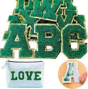 lot 8524 image: Jongdari Chenille Letter Patches Self-Adhesive & Iron-On Letters, 52pcs Varsity Fuzzy Patch Glitter Alphabet - 52pcs, Green