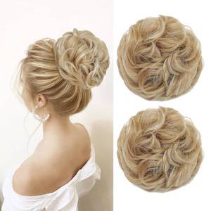 lot 8529 image: 2PCS Messy Bun Hair Piece Wavy Curly Tousled Updo Hair Buns Synthetic Chignon Elastic Hair Band Fake Bun Hair Pieces for Women (Lighe Golden Brown Mix Bleach Blonde, 2PCS Same)