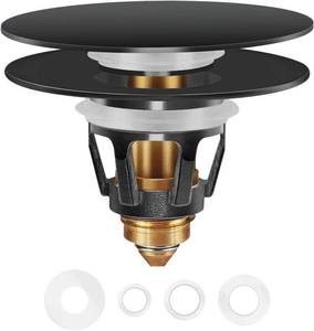 lot 8537 image: Universal Bathroom Sink Stopper in Brass, 1.04-1.97 Inch Pop Up Basin Sink Drain Stopper, Sink Drain Strainer with Anti Clogging Filter Hair Catcher, Large Lid Black