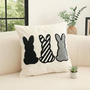 lot 8148 image: Jonhier Easter Bunny Throw Pillow Cover, Boho Black and White Neutral Rabbit Pillowcase for Living Room Bedroom, Modern Farmhouse Tufted Embroidery Cushion Case for Spring Home Decor, 18 x 18 inch