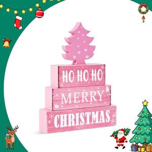 lot 8151 image: 4 Pcs Christmas Wooden Tiered Tray Decor, Pink Merry Christmas Tree Decorations Gifts for Home, Winter Table Centerpiece for Xmas Party Kitchen Office