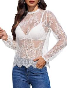 lot 8179 image: Avidlove Floral Lace Tops Women Mesh Top Long Sleeve Mock Neck Sheer See Through Button Down Shirts SIZE M
