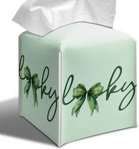 lot 8200 image: St. Patricks Day Gifts Funny Green Tissue Box Cover, Lucky Wreath Bow Green Gift Cube Case Organizer Facial Tissues for Bathroom Tabletop Kitchen Office Decorative, 5.2 PU Leather.