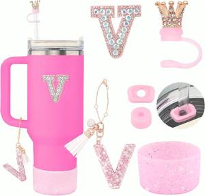 lot 8201 image: 6Pcs Pink Stanley Cup Accessories Set - Giltter Letter Charm for Cup Handle, Silicone Straw Cover, Diamond Letter Sticker, Sparkly Silicone Boot, Spill Proof Stopper for Tumbler 40Oz 30Oz V