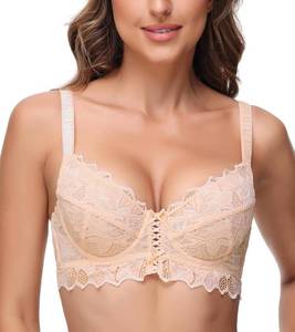 lot 8227 image: Women Underwire Full Coverage Sexy Lace Everyday See Through Bra No Pad Plus Size Unline Bralette Lingerie(Beige,36D)