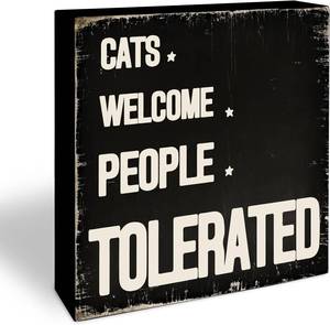 lot 8238 image: Bathroom Wooden Block Sign - Cats Welcome People Tolerated - 5 x 5 Pine Wood For Home, Bathroom - Rustic Table Shelf Decor & Supplies - Housewarming Gifts For Family, Friends, Pet Lovers - B09
