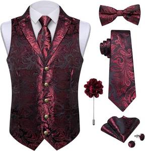lot 8579 image: DiBanGu Silk Paisley Vest for Men Wedding Waistcoat and Necktie Bowtie Lapel Pin Set 7PCS Dress Vests for Suit or Tuxedo