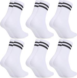 lot 8581 image: 6-pair Striped Crew Socks Women, Breathable Cotton Half Calf Women Sock Size 7-9, Stylish White Striped Sock, Soft Tube Socks for Gym Tennis Running Workout
