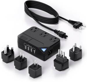 lot 8629 image: Universal 100V-220V Travel Converter, 250W Travel Voltage Converter for curlers straighteners Chargers, Power Plugs with 4 USB Charging Ports and 3 AC Plugs Including A, C, D, G, I, L Type
