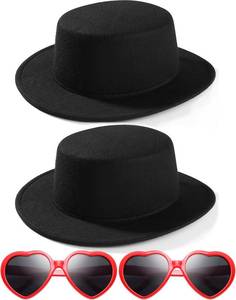 lot 8636 image: 2 PACK Fashion Classic Black Fedora Hats  Red Heart Sunglasses Costume Outfit - Flat Wide Brim Church Cap Jazz Hat,for Kids Girls
