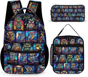 lot 8666 image: Owl Backpack with Lunch Box & Pencil Case, 16 Inch Cute Owl Themed Bookbag, Adjustable Lightweight Large Capacity, Colorful Backpack Set for Kids Girls Boys School