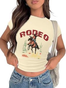 lot 8673 image: Cowgirl Crop Tops for Women Western Cowboy Shirt Vintage Rodeo Tee Country Concert Short Sleeve Crop Top SIZE S