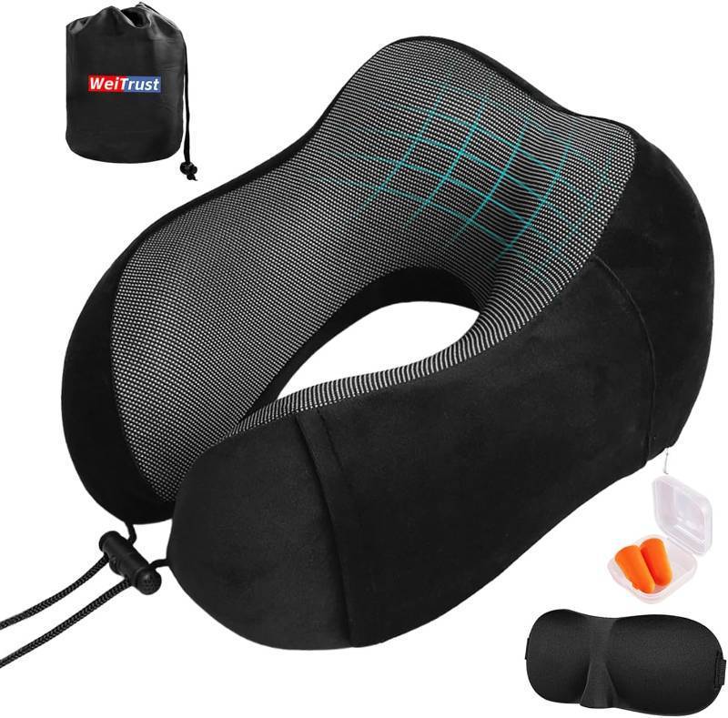lot 5161 image: Airplane Pillow, Travel Neck Pillow with Memory Foam - Adjustable Buckle & Machine Washable Cover for Flights, Car, Office - Includes Eye Mask & Ear Plugs(Black)