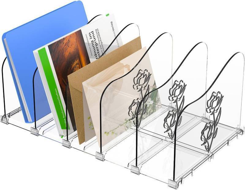 lot 5166 image: Adjustable Rose File Organizer for Desk, Vertical File Folder Holders for Magazines, Upright Desktop Binder Organizer, Clear Paper Bookshelf Divider File Sorter for School Office Supplies