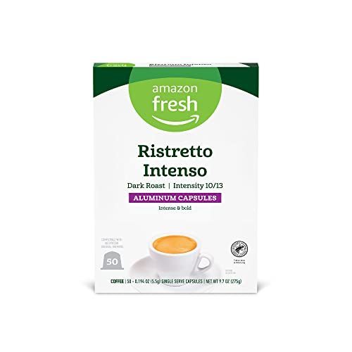 lot 5480 image: Amazon Fresh Ristretto Intenso Dark Roast Aluminum Capsules, Compatible with Nespresso Original Brewers, Intensity 1013, 50 Count (5 Packs of 10)