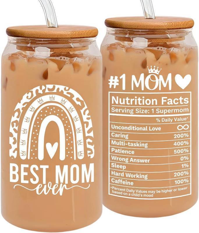lot 5527 image: HEXMOZ Valentines Day Gifts for Mom from Daughter, Son, Kids, Husband - Funny Mom Gifts - Moms Gift for New Moms, Wife, Mama from Husband - 16oz Glass Drinking Cup with Straw Gift Box