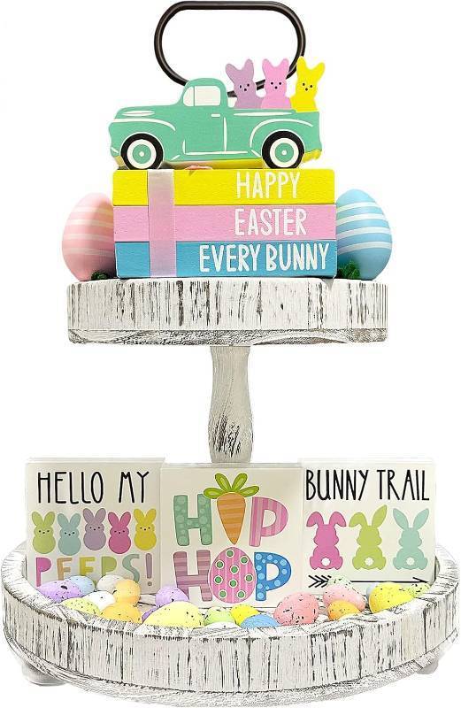lot 5639 image: Sarybei Easter Bunny Tiered Tray Decor - 3 Double Sided Faux Book Stack 3 Wooden Bunny Signs 1 Peeps Truck - Farmhouse Rustic Easter Decorations for Home Office Table Desk Room RACK NOT INCLUDED
