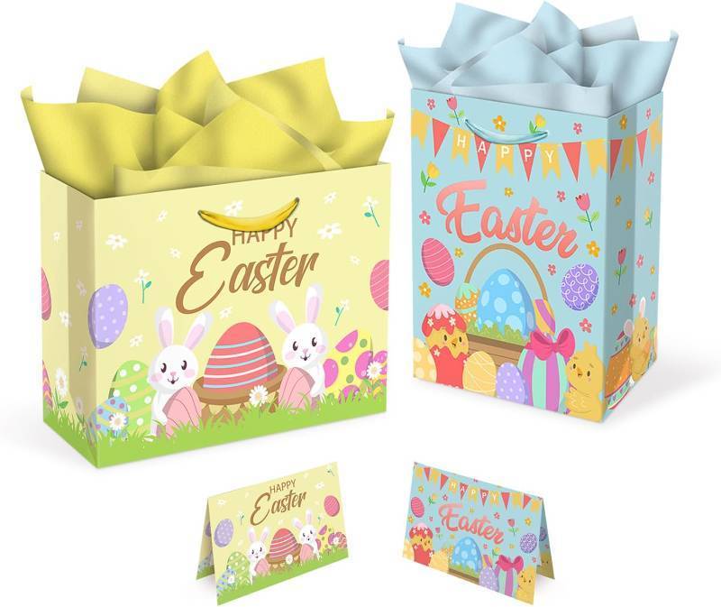 lot 5640 image: Aviski 2 PACK Easter Gift Bags, 13 x 10.2 x 4.9 in, with Greeting Cards and Tissue Paper, Winter Holiday Paper Bags for Party Favor, Gift Wrapping
