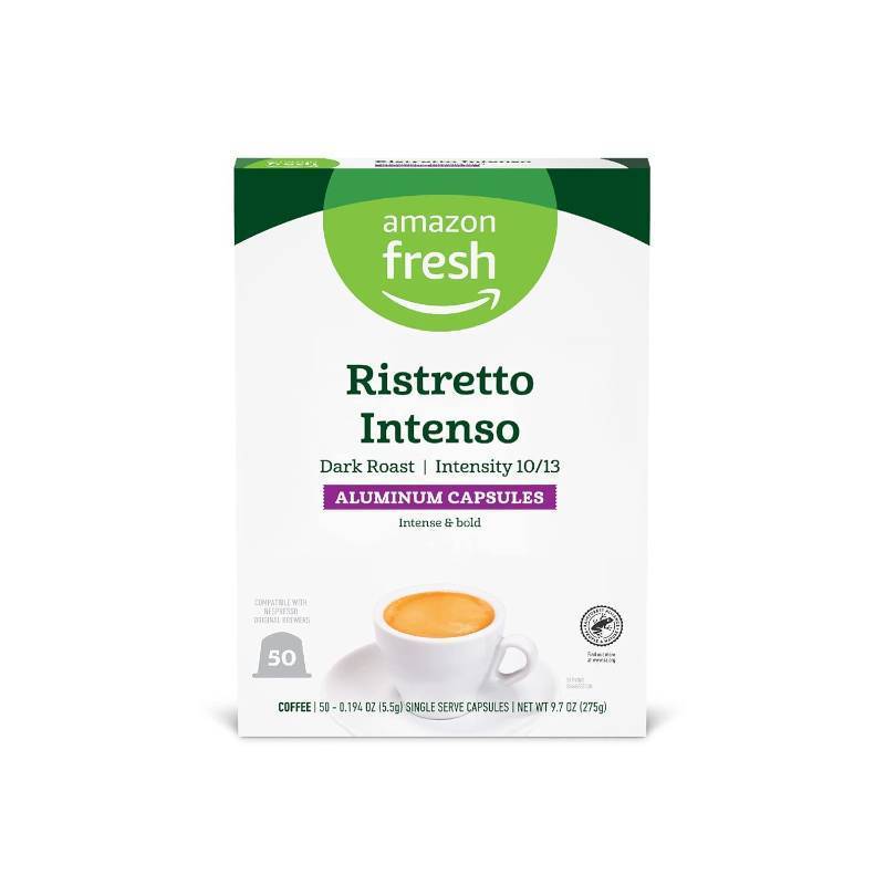 lot 5687 image: Amazon Fresh Ristretto Intenso Dark Roast Aluminum Capsules, Compatible with Nespresso Original Brewers, Intensity 1013, 50 Count (5 Packs of 10)