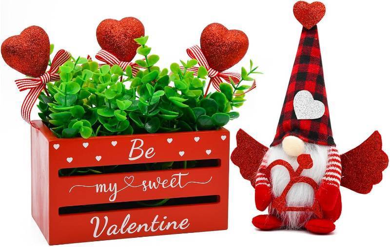 lot 5705 image: nuvagiki Valentines Day Table Decor, Glitter Heart Valentines Day Tiered Tray Wooden Crate with Gnome Plush, Valentine Day Farmhouse Kitchen Table Centerpiece Decor for Home Indoor