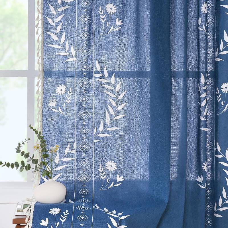 lot 5721 image: Schweek Navy Blue Western Rustic Curtains 96 Inch Length, Boho Farmhouse Linen Floral Curtains for Bedroom Living Room Vintage Printed Patterned Long Curtain