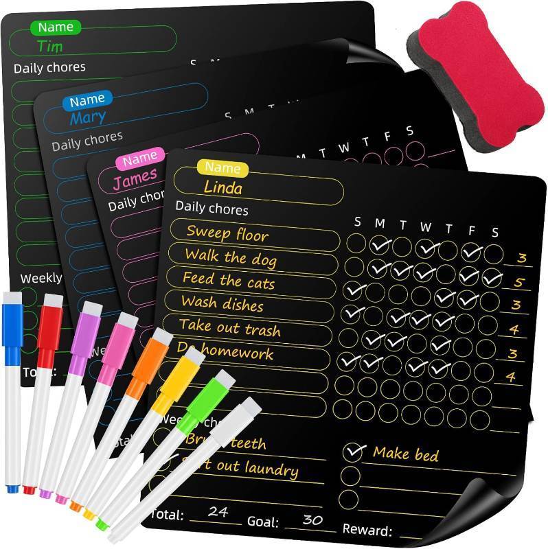 lot 5739 image: Magnetic Chore Chart for Kids, 4 Pcs Dry Erase Behavior Charts and 6 Colored Markers with Eraser Caps with 1 Eraser, Reward Chart for Multiple Kids Teens Adults Family, Chores Chart for Kids (Black)