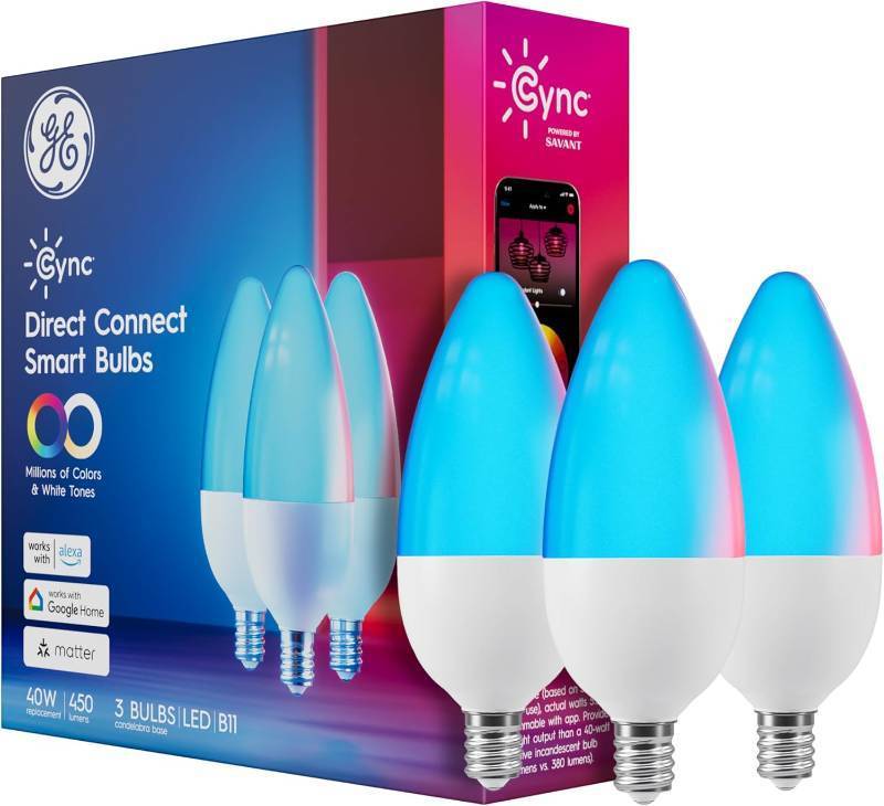 lot 5743 image: GE Cync Smart LED Light Bulbs, Color Changing Decorative Light Bulbs, Indoor WiFi Lights, Matter Compatible, Compatible with Alexa and Google Home, Candelabra Base (3 Pack)