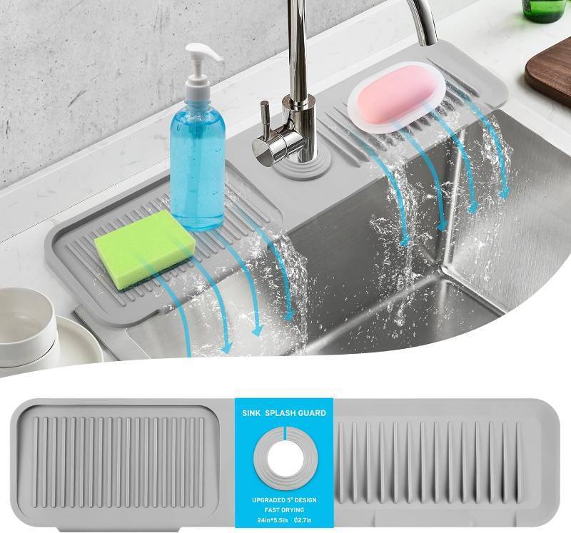 lot 5745 image: 24Longer Silicone Faucet Mat for Kitchen Sink,5  Slope Faucets Draining Mat Bathroom Sink Splash Guard Mat Kitchen Sink Splash Guard Accessories(Grey 24.0 x 5.5
