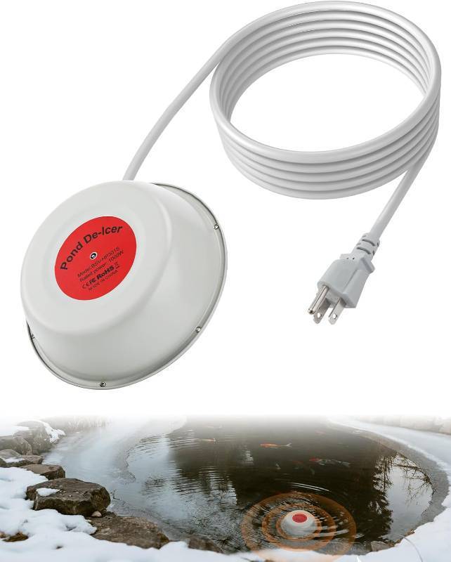 lot 5750 image: Apipi 1000W Floating Pond Heater - Pond Deicer for Outdoor Ponds with Fish, Durable Cast Aluminum Heater with Thermostatic Control 10ft Cord for Winter Live Fish Oxygen Exchange