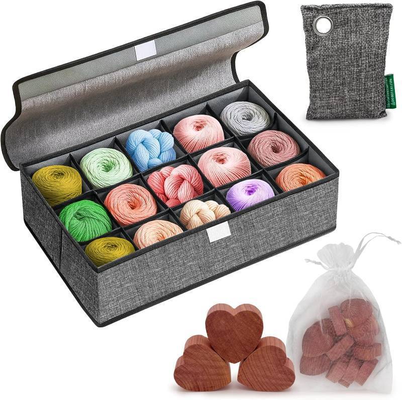 lot 5780 image: yarn storage organizer box with lid, 15-cell foldable crochet kit and knitting yarn holder, closet storage bin, gifts for crocheters lovers, crochet accessories storage