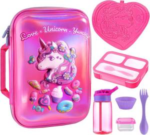 lot 7479 image: Kids Lunch Box Bag Set Girls Unicorn Lunch Bags Bento Boxes with 3-Compartment Included Ice Pack Water Bottle Insulated Lunchbag Reusable School Lunchbox Containers Kit for Toddler Daycare Childrens
