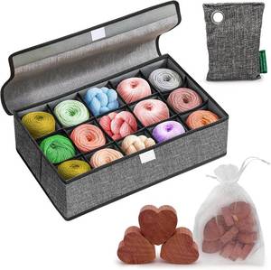 lot 7485 image: yarn storage organizer box with lid, 15-cell foldable crochet kit and knitting yarn holder, closet storage bin, gifts for crocheters lovers, crochet accessories storage