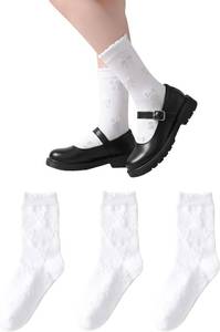 lot 7514 image: Marchare Girls Ruffle Socks White Dressy Socks School Uniform Sock Heart Bow Design For Girl