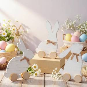 lot 7542 image: Yinkin 3 Pcs White Wooden Easter Bunny Table Decorations with Wheels Rustic Bunny Decor Tabletop Centerpiece with Bows Spring Farmhouse Easter Decorations for Home Mantel Office Tiered Tray Decor
