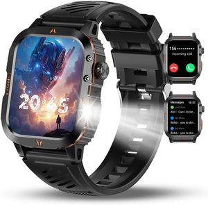 lot 8704 image: Military Smartwatch for Men, LED Flashlight Bluetooth Call IP68 Waterproof Heart Rate Blood Oxygen Sleep Tracker Fitness Pedometer Android iOS Compatible - Ideal for Hunting Hiking Extreme Sports