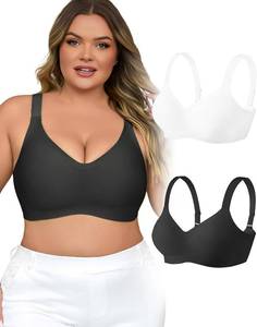 lot 8734 image: Plus Size Wireless Bras for Women V Neck Seamless Bralettes Comfort Full Coverage Bras for Women Push Up Soft Cup Everyday Sleep Bra 2 Pack Black White 4XL