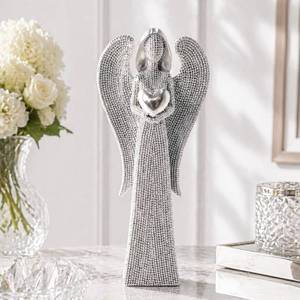 lot 9035 image: Silver Angel Figurine with Heart   9.7 Beaded-Style Decorative Statue, Elegant Silver Wings & Heart for Home, Bedroom, Wedding Gift or Christmas Decoration